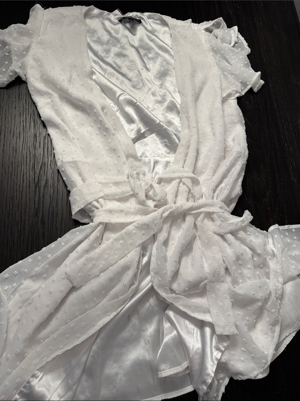 Lulu's White Sheer Swiss Dot Satin-Trim Tie-Waist Chemise